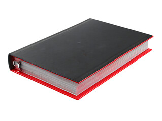Closed black binder with red edges and metal rings isolated on transparent background