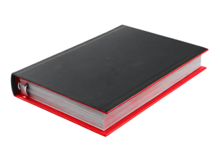 Closed black binder with red edges and metal rings isolated on transparent background