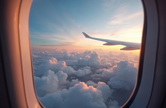 Inside airplane window view of aircraft interior. Passenger windows open. Dirty glass. View of sky with clouds, sunset colors. Orange, pink, blue hues. Airplane positioned on right side.