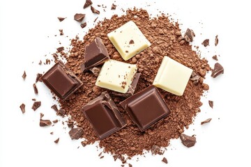 Chunks of chocolate on cocoa powder, isolated on white backdrop