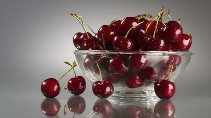 Bowl of Cherries Reflecting in Glass Surface With a Clean and Elegant Aesthetic Captured During a Serene Daytime Setting