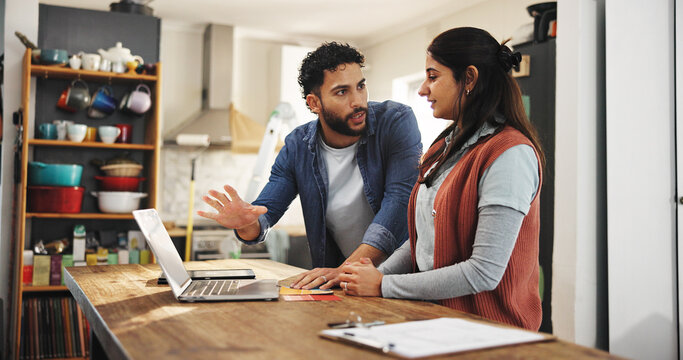 Laptop, planning and remodeling with couple in kitchen for renovation invoice, real estate and DIY project. Contractor bill, property development and research with man and woman for home improvement - Powered by Adobe