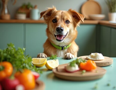 Golden retriever looks at table with colorful food in cozy kitchen. Dog head tilted, tongue out, eating healthy food with variety of vegetables. Food on table includes bell peppers, rice, carrots,