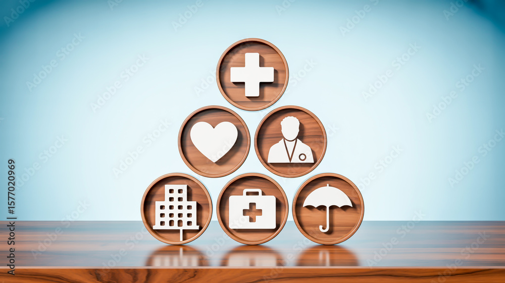 Fototapete a 3d rendering of six wooden circular icons arranged in a triangular pyramid formation on a dark woo