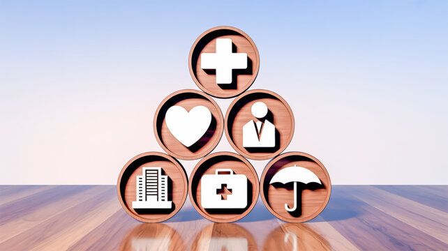 A 3D rendering of six wooden circular icons arranged in a triangular pyramid formation on a dark wooden surface against a light blue gradient background.