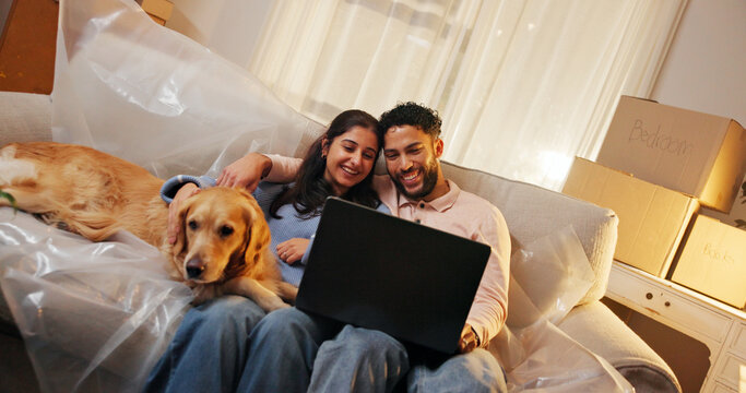 Dog, laptop and relax with couple in new home for moving house, property investment or relocation. Boxes, computer and real estate with happy people in living room of apartment for break together - Powered by Adobe