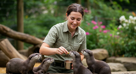 A caring female zookeeper feeding animals at a zoo