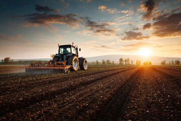 Tractor drives across large field making special beds for sowing seeds into purified soil. Agricultural vehicle works at sunset in countryside