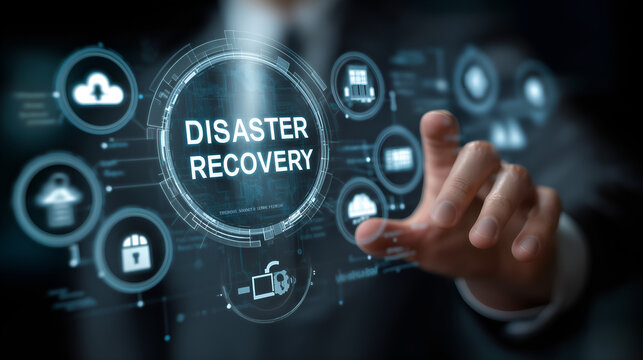 Digital Fortress: An executive, their finger hovering over an interactive interface, symbolizing the critical function of disaster recovery and data security within the digital sphere.