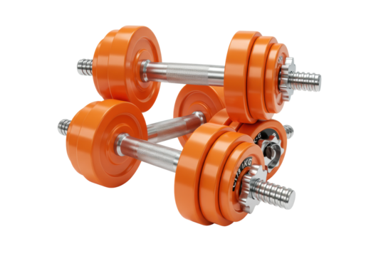 Two vivid orange adjustable dumbbells with gleaming chrome handles and star-shaped collars, neatly piled on a pristine transparent studio background with bright lighting, commercial fitness equipment