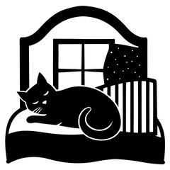 Black cat sleeping curled up on pillow window