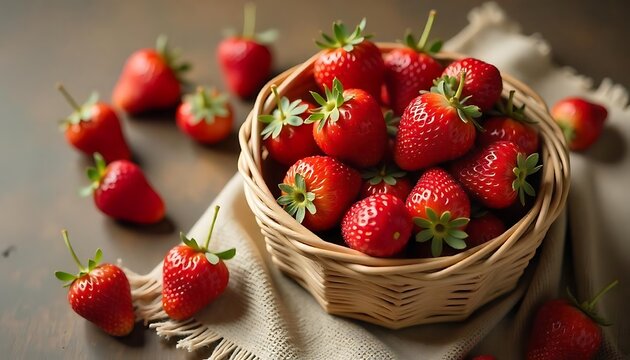 Freshly harvested ripe strawberries in a woven basket,  Strawberries scattered by woven basket, created with generative ai