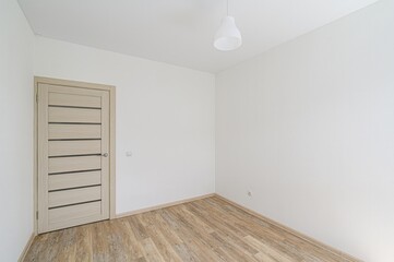 bright, empty room features a light wood floor, white walls, and a modern door with horizontal dark...