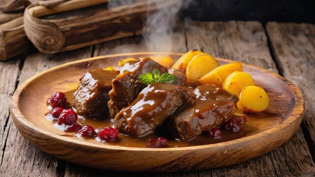 Poronk&auml;ristys, Reindeer stew, Served on a wooden plate with roasted vegetables, Earthy brown tones, Warm evening light, Hearty and flavorful
