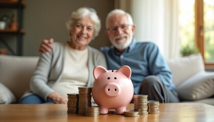Retired couple sitting on couch engaged in serious discussion. Man holds coin, woman listens. Pink piggy bank with golden coins on coffee table. Dimly lit room with plants view.