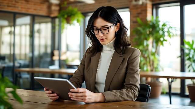 Focused young asian woman wearing glasses and a blazer working on a tablet in a modern office with plants