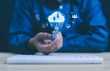 Cloud computing diagram showing cloud technology infographic icons and hand touch cloud in cloud...