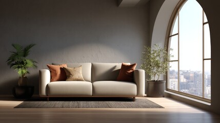 Modern beige sofa in minimalist living room with arched window and city view