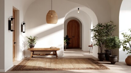 Sunlit entryway with wooden bench woven rug potted plants and arched doorways
