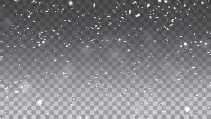 Falling snowflakes in transparent beauty, delicate and small, isolated on a clear background.