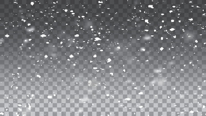 Falling  snowflakes in transparent beauty, delicate and small, isolated on a clear background. Snowflake elements, snowy backdrop. Vector illustration of intense snowfall, snowflakes