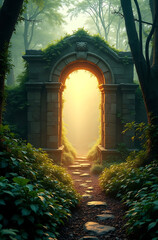 Obraz premium Ancient stone archway in a lush forest, sunlight beams through, mystical path.