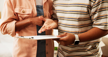 Couple, hands or clipboard with question for legal agreement, mortgage investment or policy in...