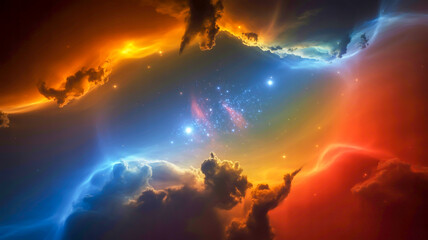 A digital artwork of a cosmic nebula scene with dramatic color gradients.