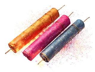 Three colorful glittery firecrackers with sparks and confetti isolated on transparent background