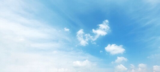 A stunning background of a clear blue sky with delicate white cloud formations on a bright sunny...