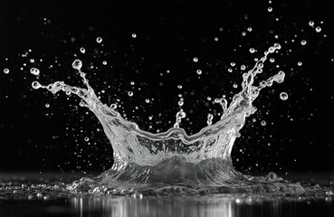 Single water droplet suspended in mid-air, vibrant blue color, motion. Shower of sparkling droplets backdrop, dynamic interplay, black and white background.