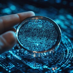 Analyzing data with a magnifier reveals blue circuit board with binary code, representing technology and information analysis.