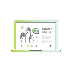 Online therapy concept with mobile phone, laptop, chat with specialist, mental health support, therapist selection remote counseling, digital help, and virtual care in outline vector illustration icon