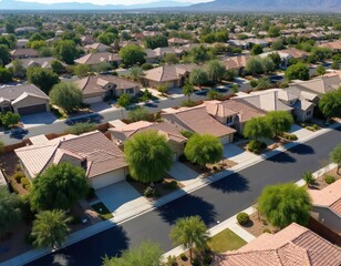 Aerial view of suburban neighborhood with row houses painted in pink, white on hillside. Network of roads, sidewalks, green trees create scenic landscape. Trees, varying heights, distant mountains