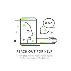 Online therapy concept with mobile phone, laptop, chat with specialist, mental health support, therapist selection remote counseling, digital help, and virtual care in outline vector illustration icon