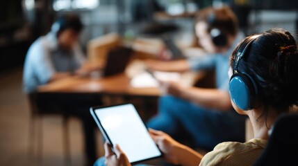 Young diverse freelancers engaged in work, wearing headphones, using digital devices in modern workspace. atmosphere is focused and collaborative, showcasing creativity and productivity