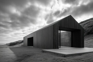 Minimalist barn set on raised plinth long sidelight with high shadow contrast across metal-clad walls sharp terrain shadows