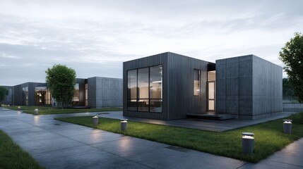 Obraz premium Minimalist business park with modular buildings in matte charcoal concrete silver aluminum lit with soft volumetric morning haze