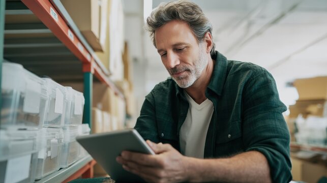 Managing digital inventory, middle aged man focuses on tablet in warehouse filled with storage boxes. His expression reflects concentration and professionalism in modern workspace