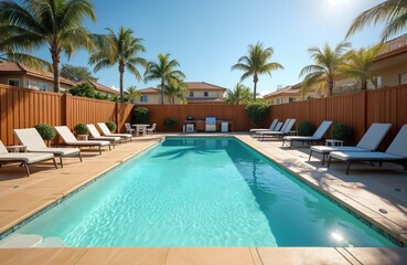 Serene pool area with rectangular pool surrounded by rich green lawn. Pool reflects clear blue sky. Two white lounge chairs to right, one with pool view. Small building with balcony on left. Trees