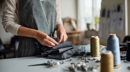 Fototapeta premium Crafting with recycled denim, woman skillfully stitches fabric pieces together in bright, creative workspace. atmosphere is filled with inspiration and sustainability