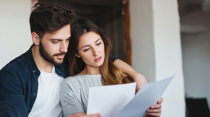 Young couple reviewing documents together in cozy indoor setting, showcasing collaboration and focus on planning. Their expressions reflect engagement and teamwork