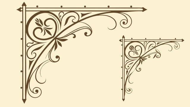 Illustration of two decorative brown wrought iron corner brackets with floral flourishes and embellishments