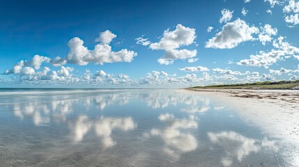 Serene beach scene with mirrored clouds