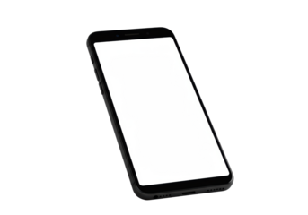 A sleek, modern black smartphone with thin bezels and a blank white screen, isolated on a pristine, seamless transparent background with studio lighting, no shadows. Concept for advertising mockups