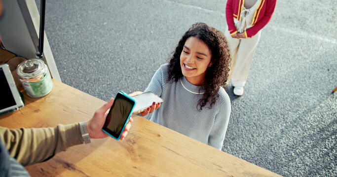 Food truck, machine and person with phone payment for NFC transaction, POS and easy checkout. Mobile small business, server and woman with digital tap for online banking, contactless sale and above