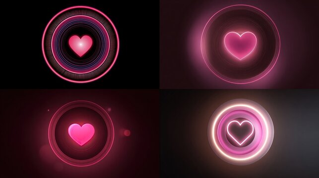 Neon hearts glow in circles, radiating love and light against dark backgrounds