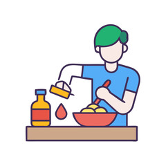 Person preparing food mixing ingredients in a bowl with a bottle nearby