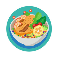 Healthy and delicious chicken salad bowl with fresh vegetables and fruits