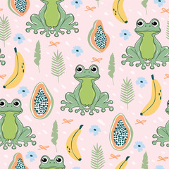 Seamless vector tropical pattern. Cute, pastel background with tropical fruits, a frog, flowers, bows, and bananas. Playful and quirky surface design perfect for kids, girls, and fun summer-inspired 